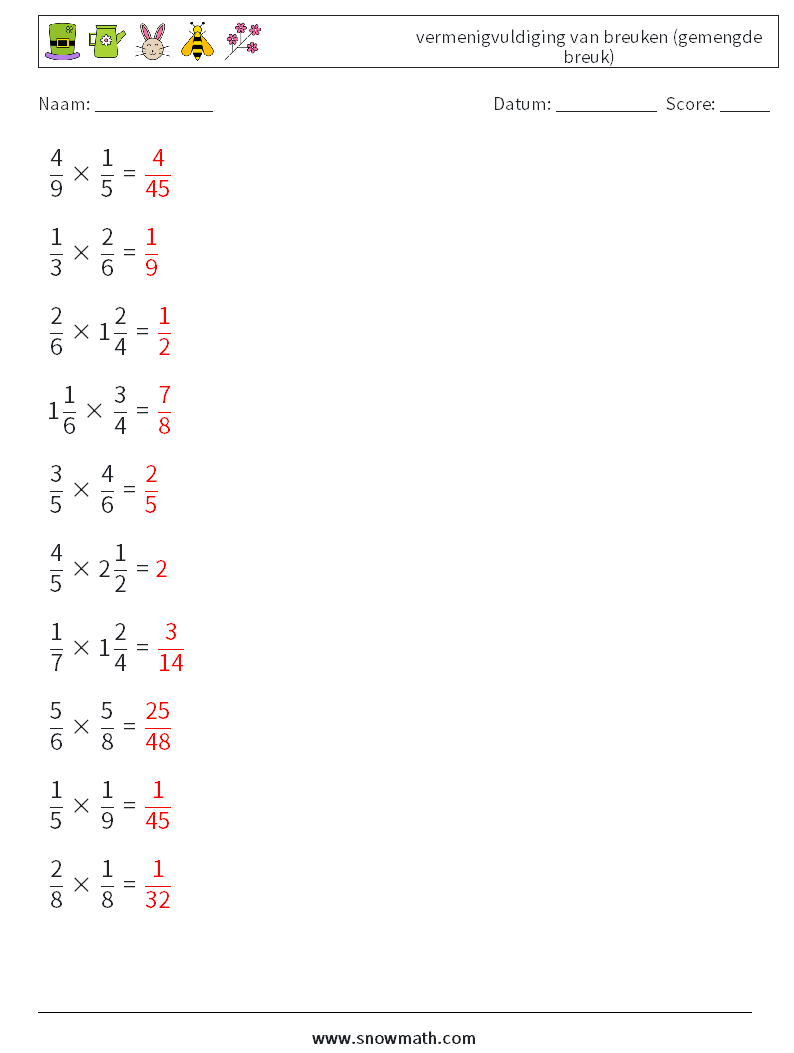 (10) vermenigvuldiging van breuken (gemengde breuk) Wiskundige werkbladen 1 Vraag, Antwoord