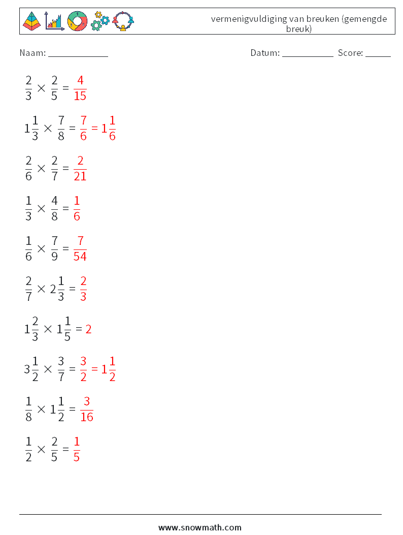 (10) vermenigvuldiging van breuken (gemengde breuk) Wiskundige werkbladen 7 Vraag, Antwoord
