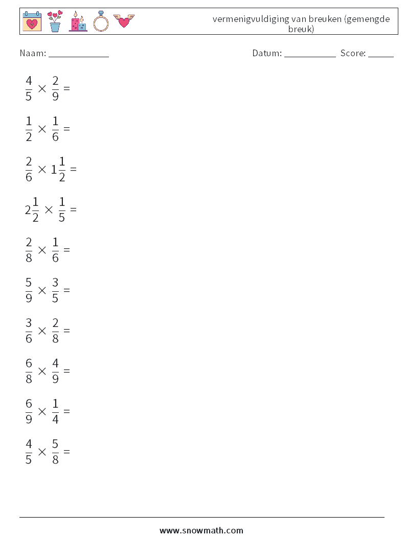 (10) vermenigvuldiging van breuken (gemengde breuk) Wiskundige werkbladen 8