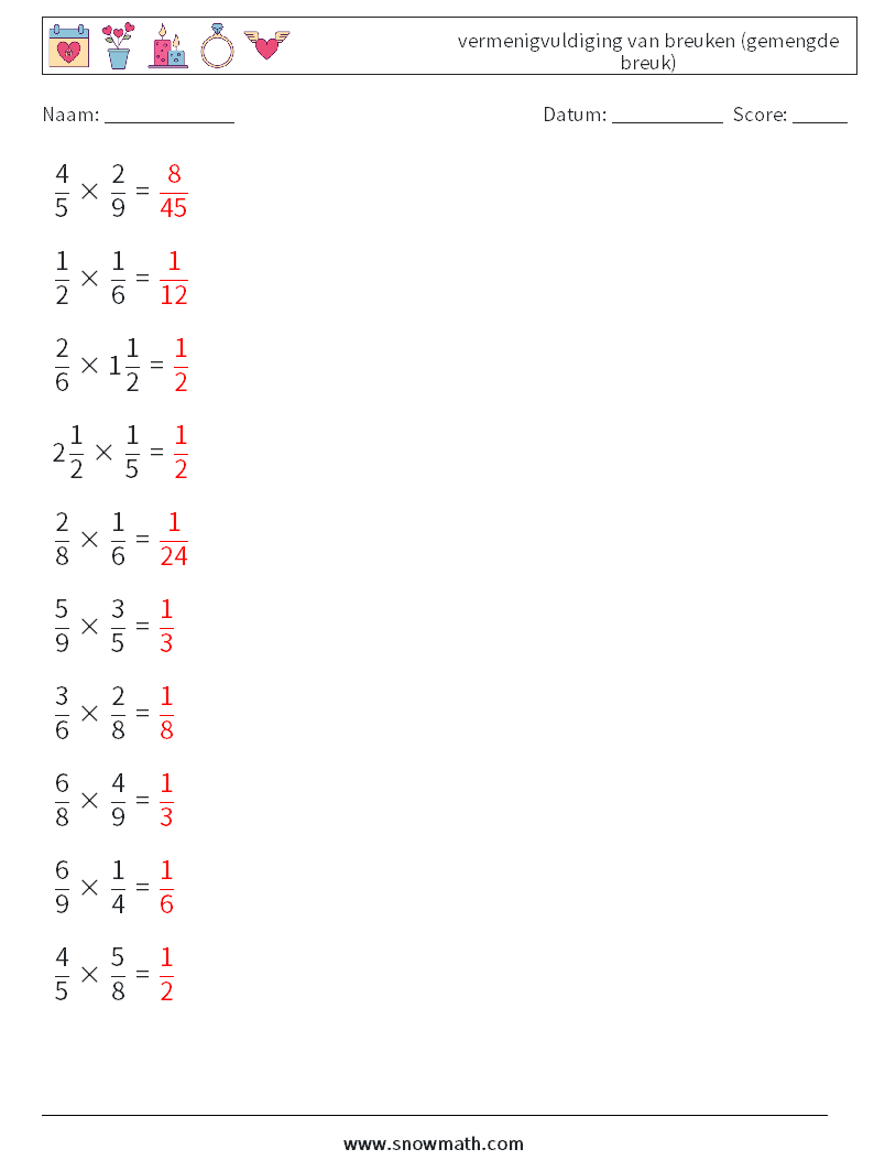 (10) vermenigvuldiging van breuken (gemengde breuk) Wiskundige werkbladen 8 Vraag, Antwoord