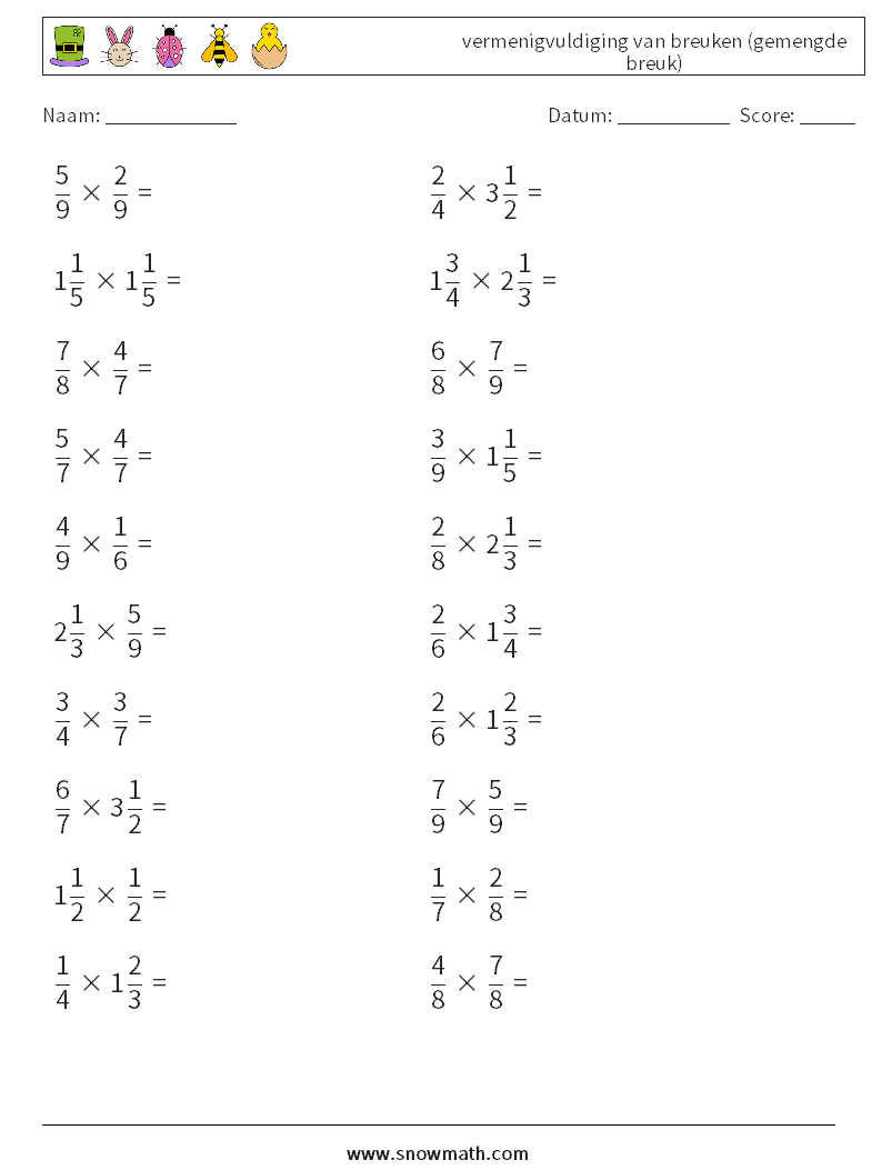 (20) vermenigvuldiging van breuken (gemengde breuk) Wiskundige werkbladen 10
