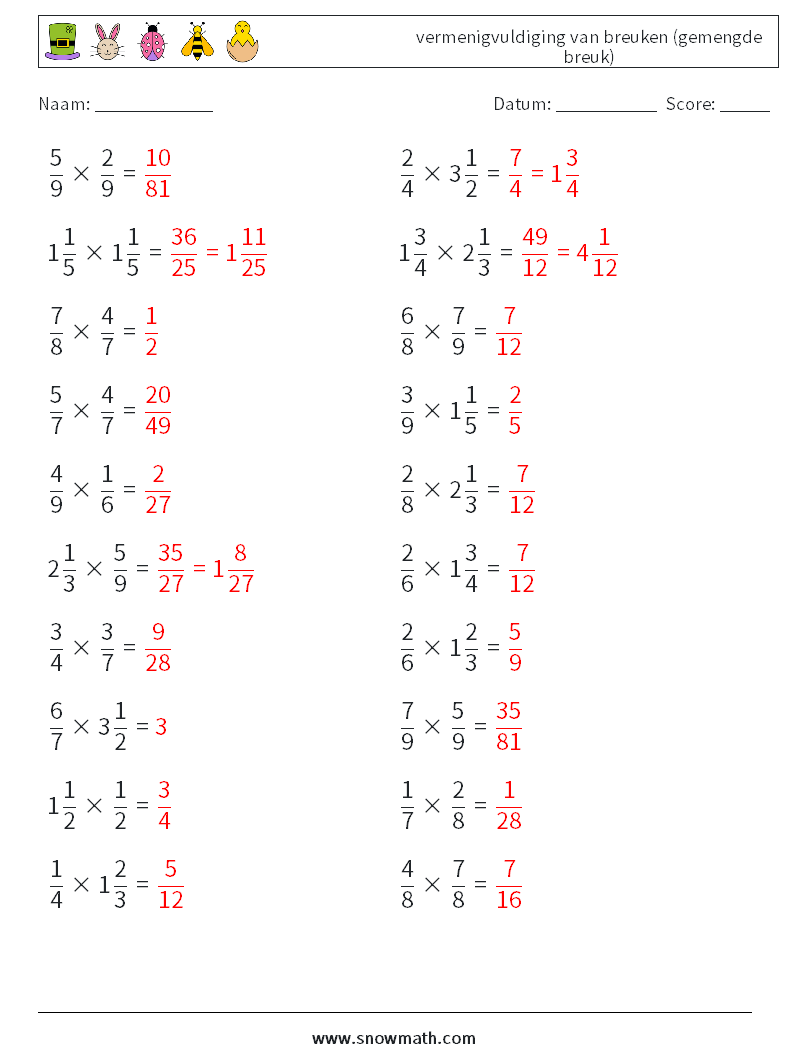 (20) vermenigvuldiging van breuken (gemengde breuk) Wiskundige werkbladen 10 Vraag, Antwoord