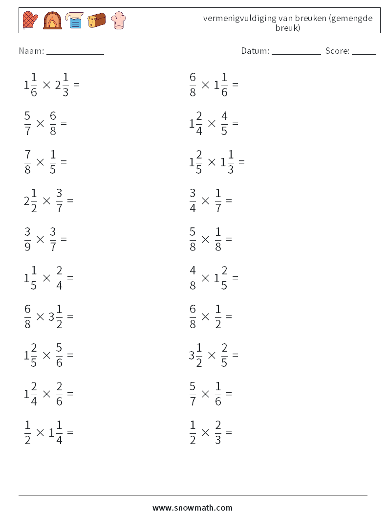 (20) vermenigvuldiging van breuken (gemengde breuk) Wiskundige werkbladen 11
