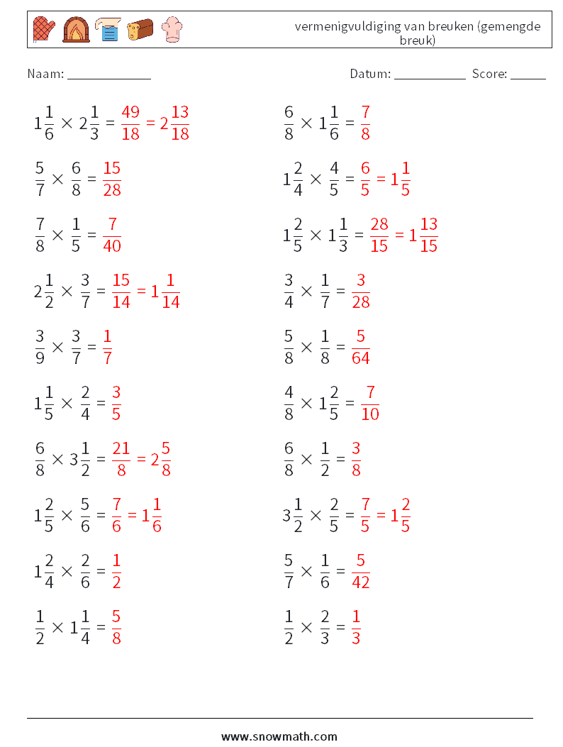 (20) vermenigvuldiging van breuken (gemengde breuk) Wiskundige werkbladen 11 Vraag, Antwoord
