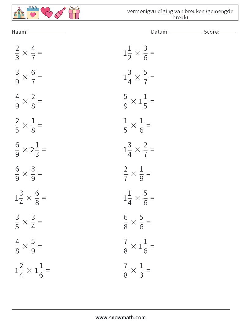 (20) vermenigvuldiging van breuken (gemengde breuk) Wiskundige werkbladen 12