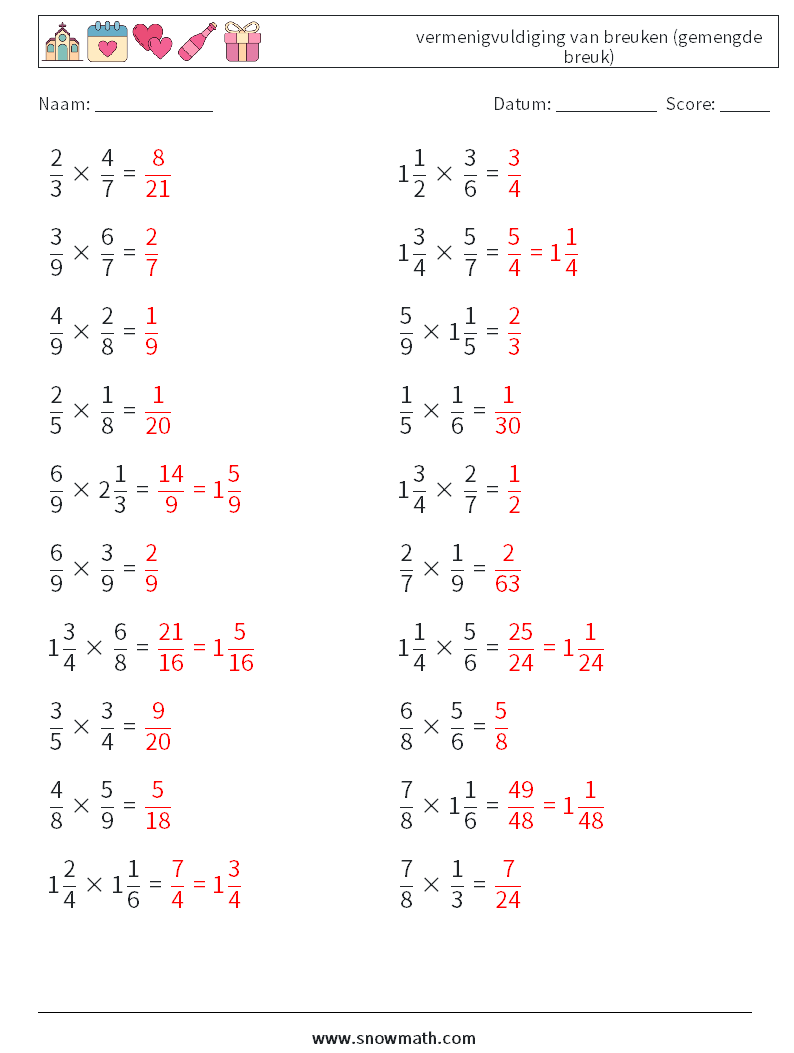 (20) vermenigvuldiging van breuken (gemengde breuk) Wiskundige werkbladen 12 Vraag, Antwoord