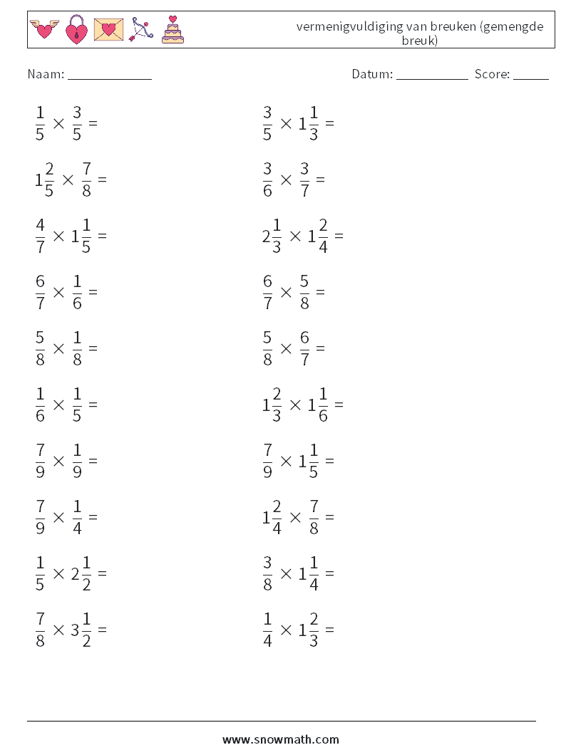 (20) vermenigvuldiging van breuken (gemengde breuk) Wiskundige werkbladen 13