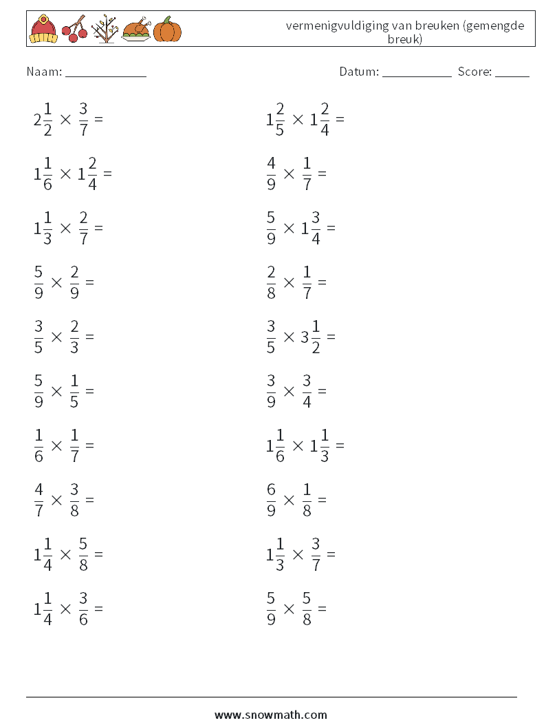 (20) vermenigvuldiging van breuken (gemengde breuk) Wiskundige werkbladen 14
