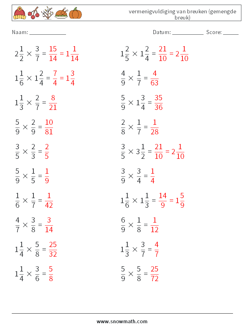 (20) vermenigvuldiging van breuken (gemengde breuk) Wiskundige werkbladen 14 Vraag, Antwoord