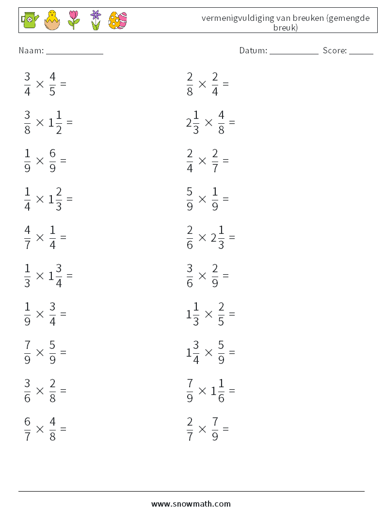 (20) vermenigvuldiging van breuken (gemengde breuk) Wiskundige werkbladen 15