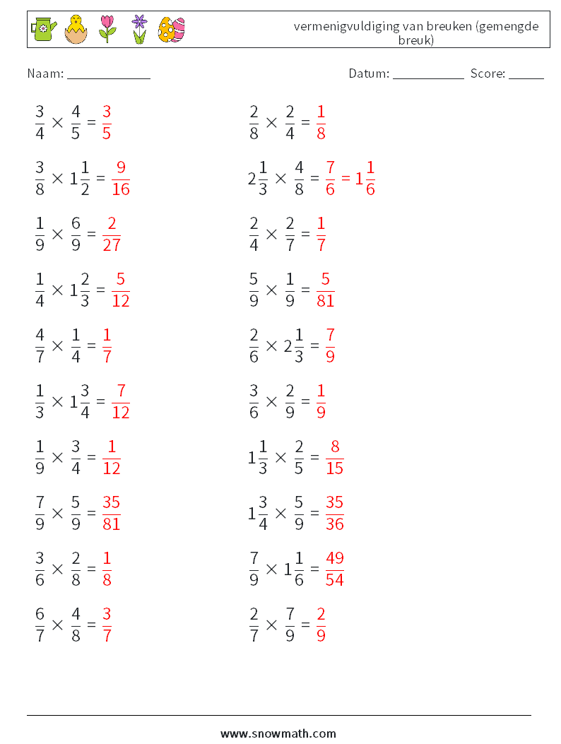 (20) vermenigvuldiging van breuken (gemengde breuk) Wiskundige werkbladen 15 Vraag, Antwoord