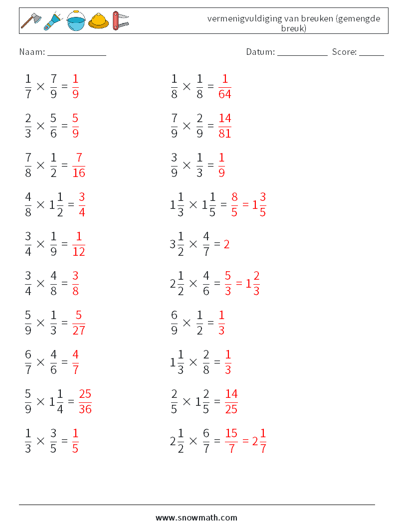 (20) vermenigvuldiging van breuken (gemengde breuk) Wiskundige werkbladen 16 Vraag, Antwoord