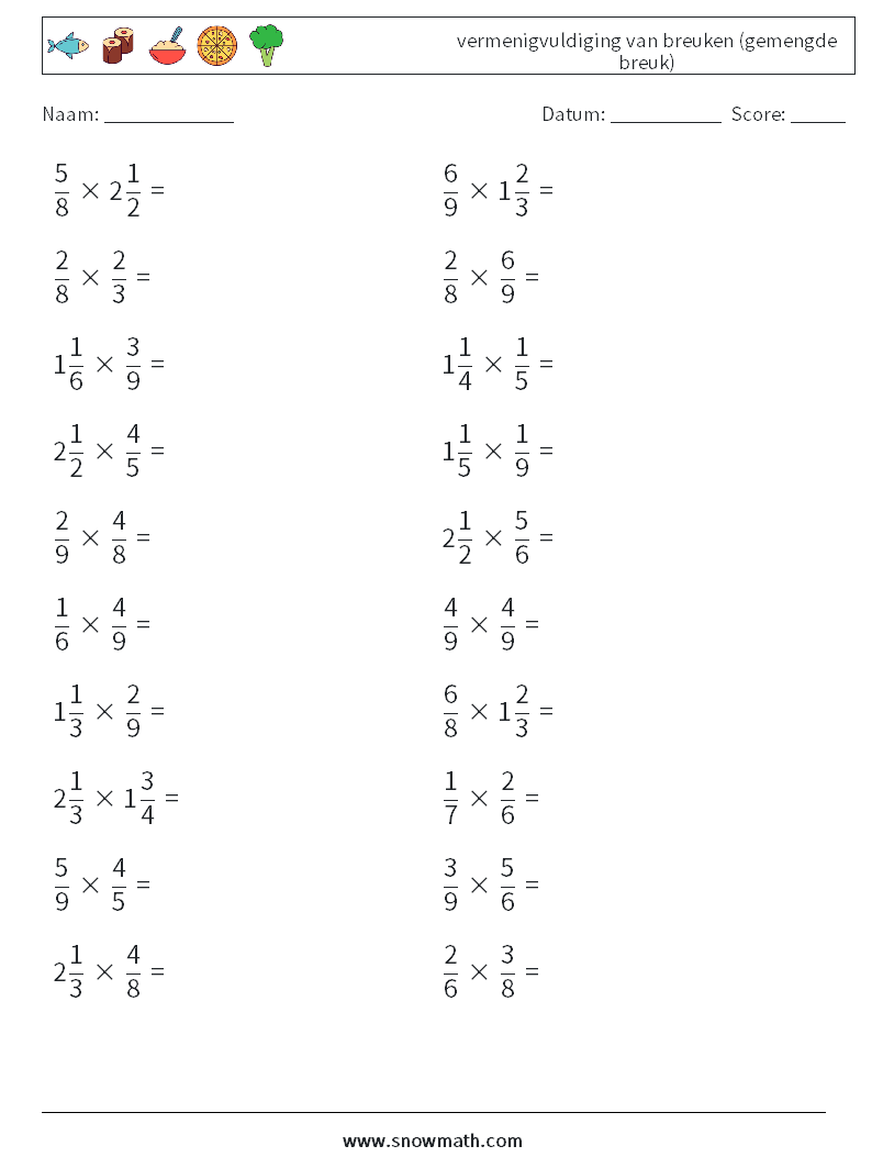 (20) vermenigvuldiging van breuken (gemengde breuk) Wiskundige werkbladen 17