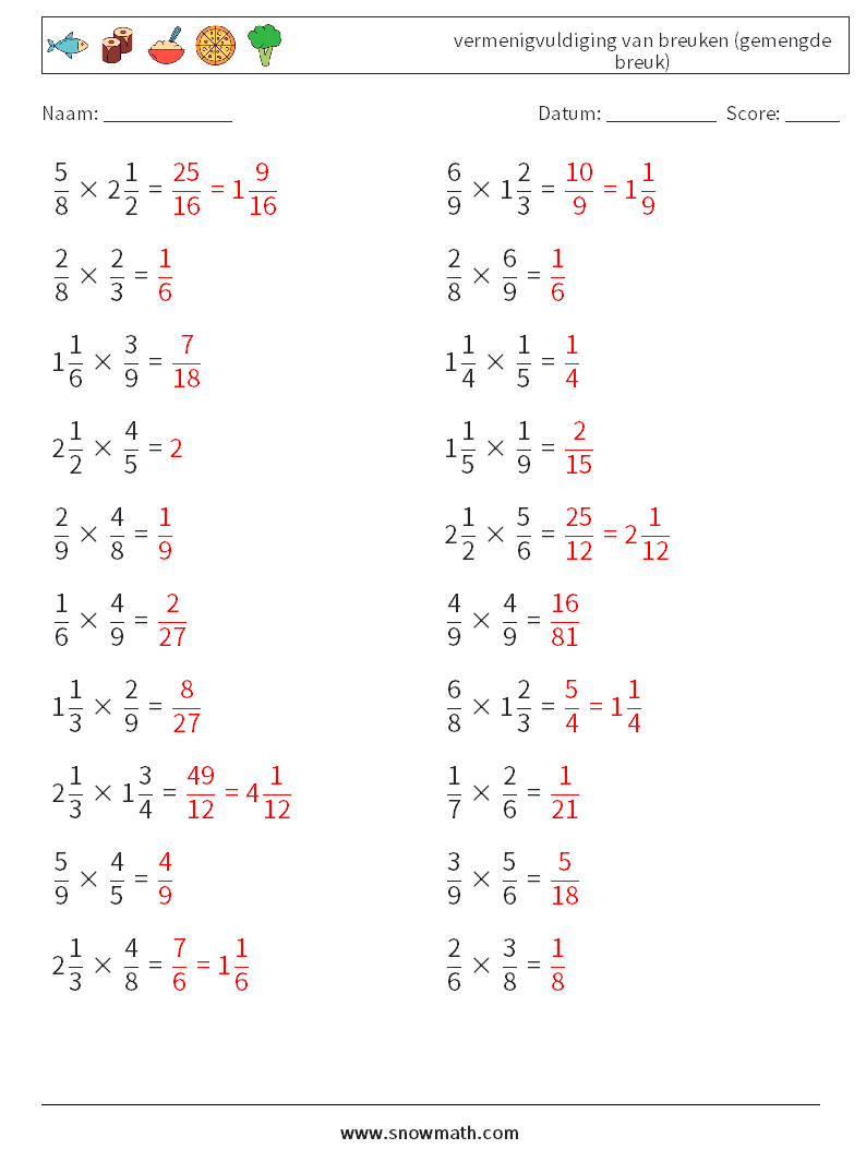 (20) vermenigvuldiging van breuken (gemengde breuk) Wiskundige werkbladen 17 Vraag, Antwoord