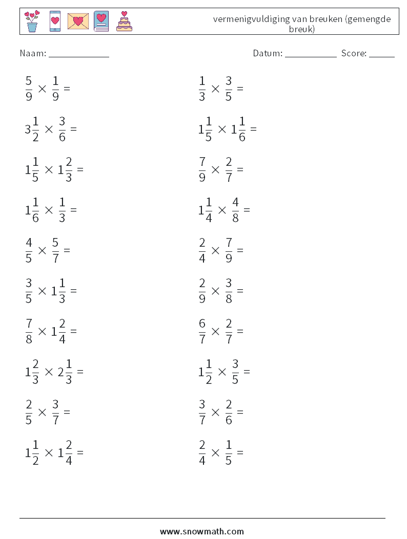 (20) vermenigvuldiging van breuken (gemengde breuk) Wiskundige werkbladen 18