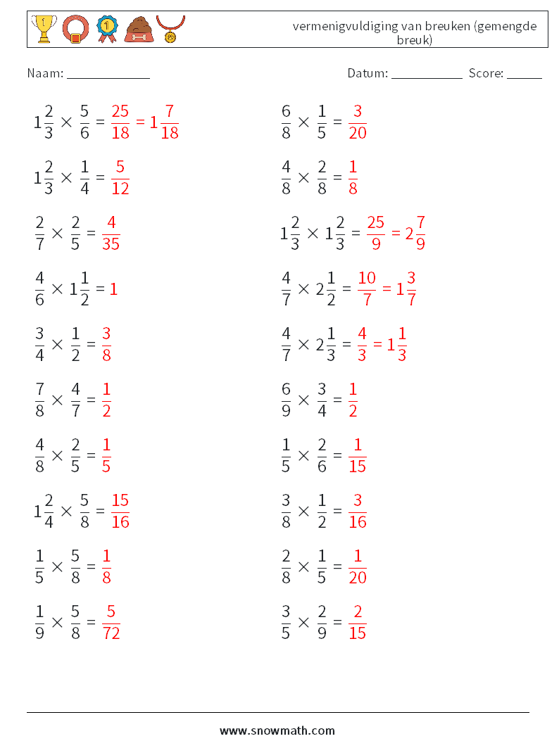 (20) vermenigvuldiging van breuken (gemengde breuk) Wiskundige werkbladen 1 Vraag, Antwoord