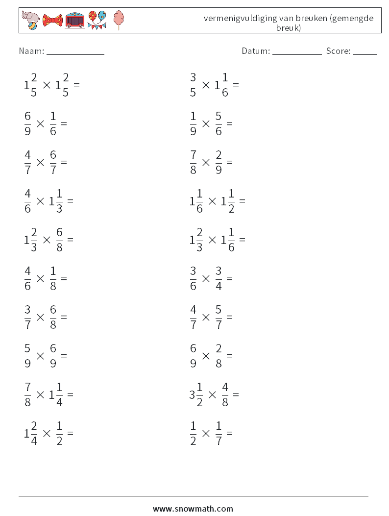 (20) vermenigvuldiging van breuken (gemengde breuk) Wiskundige werkbladen 2