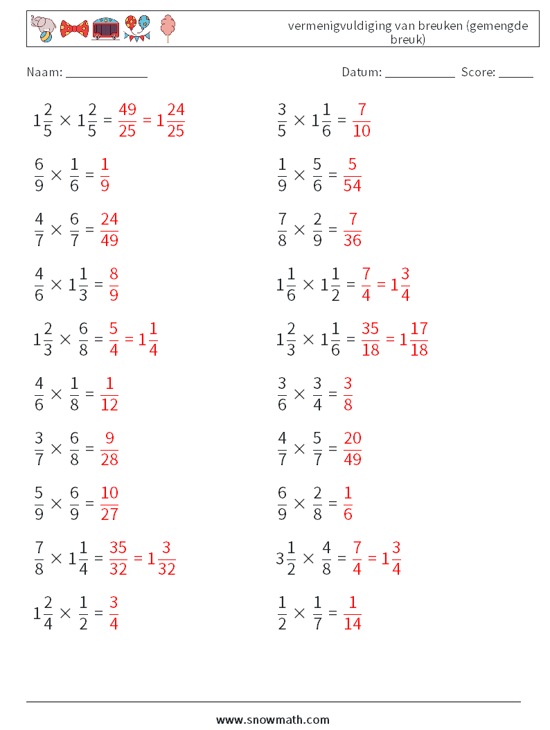(20) vermenigvuldiging van breuken (gemengde breuk) Wiskundige werkbladen 2 Vraag, Antwoord