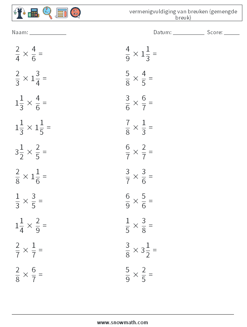 (20) vermenigvuldiging van breuken (gemengde breuk) Wiskundige werkbladen 3