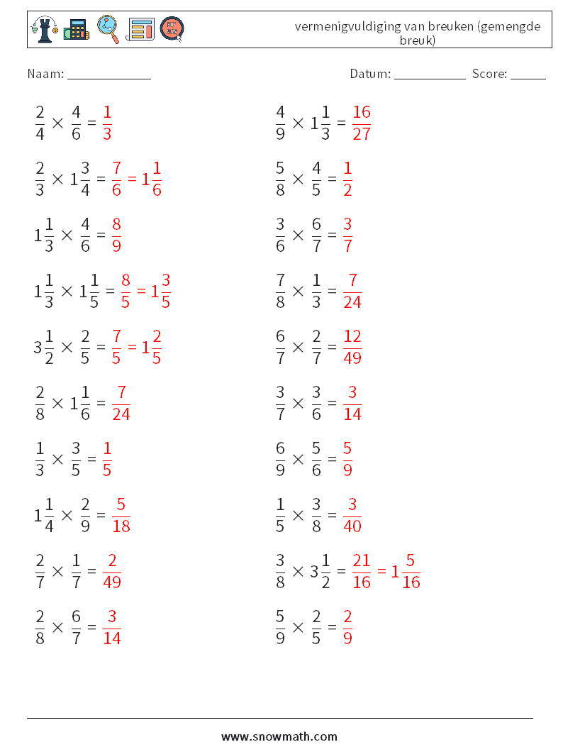 (20) vermenigvuldiging van breuken (gemengde breuk) Wiskundige werkbladen 3 Vraag, Antwoord
