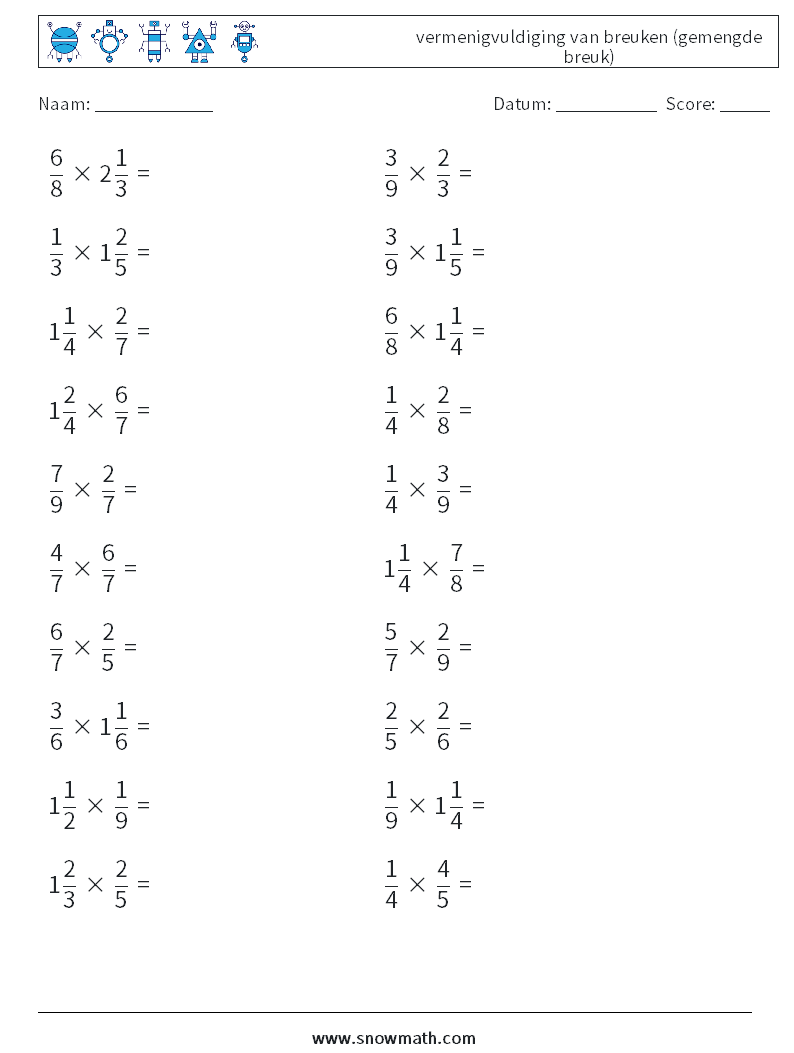 (20) vermenigvuldiging van breuken (gemengde breuk) Wiskundige werkbladen 4