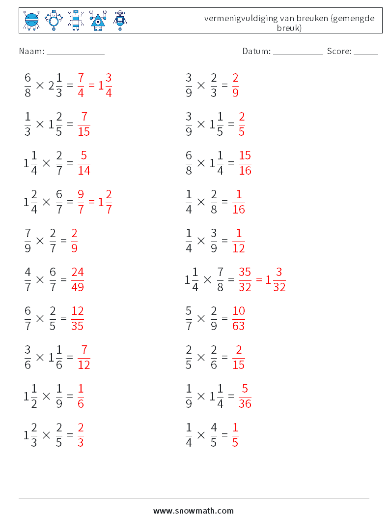 (20) vermenigvuldiging van breuken (gemengde breuk) Wiskundige werkbladen 4 Vraag, Antwoord
