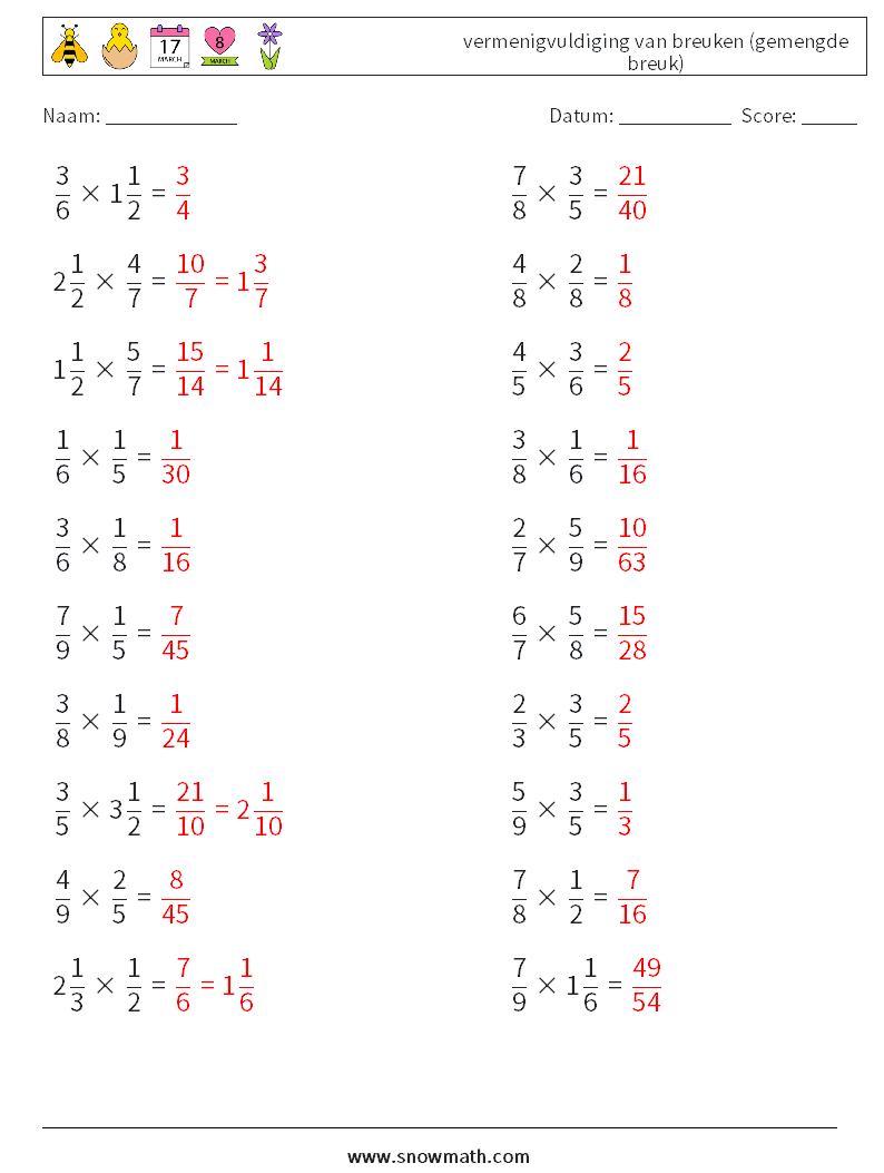 (20) vermenigvuldiging van breuken (gemengde breuk) Wiskundige werkbladen 5 Vraag, Antwoord
