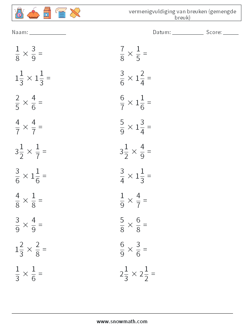 (20) vermenigvuldiging van breuken (gemengde breuk) Wiskundige werkbladen 6