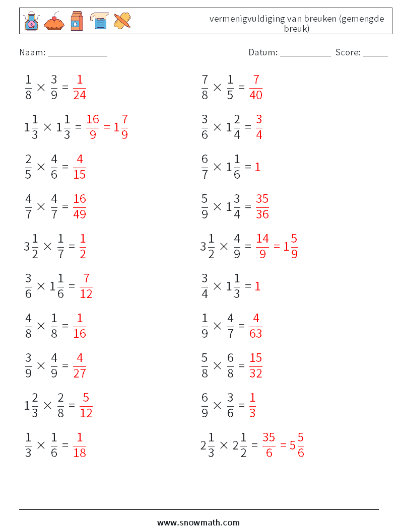 (20) vermenigvuldiging van breuken (gemengde breuk) Wiskundige werkbladen 6 Vraag, Antwoord