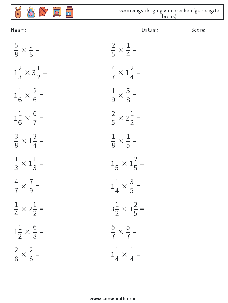 (20) vermenigvuldiging van breuken (gemengde breuk) Wiskundige werkbladen 7