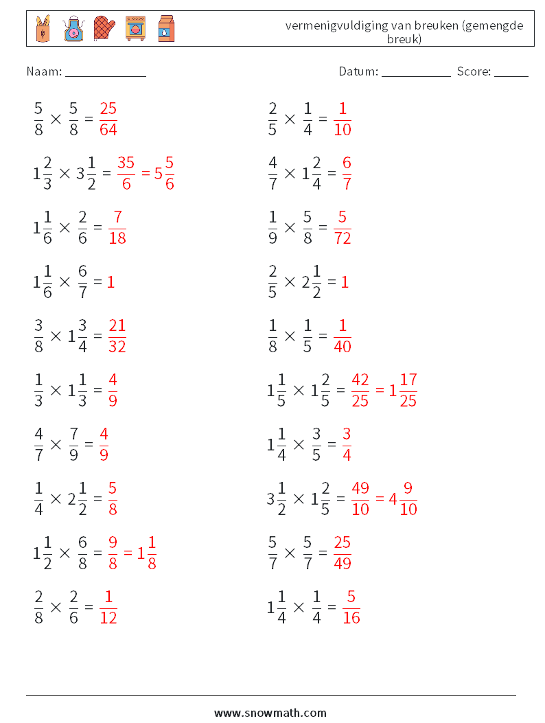 (20) vermenigvuldiging van breuken (gemengde breuk) Wiskundige werkbladen 7 Vraag, Antwoord