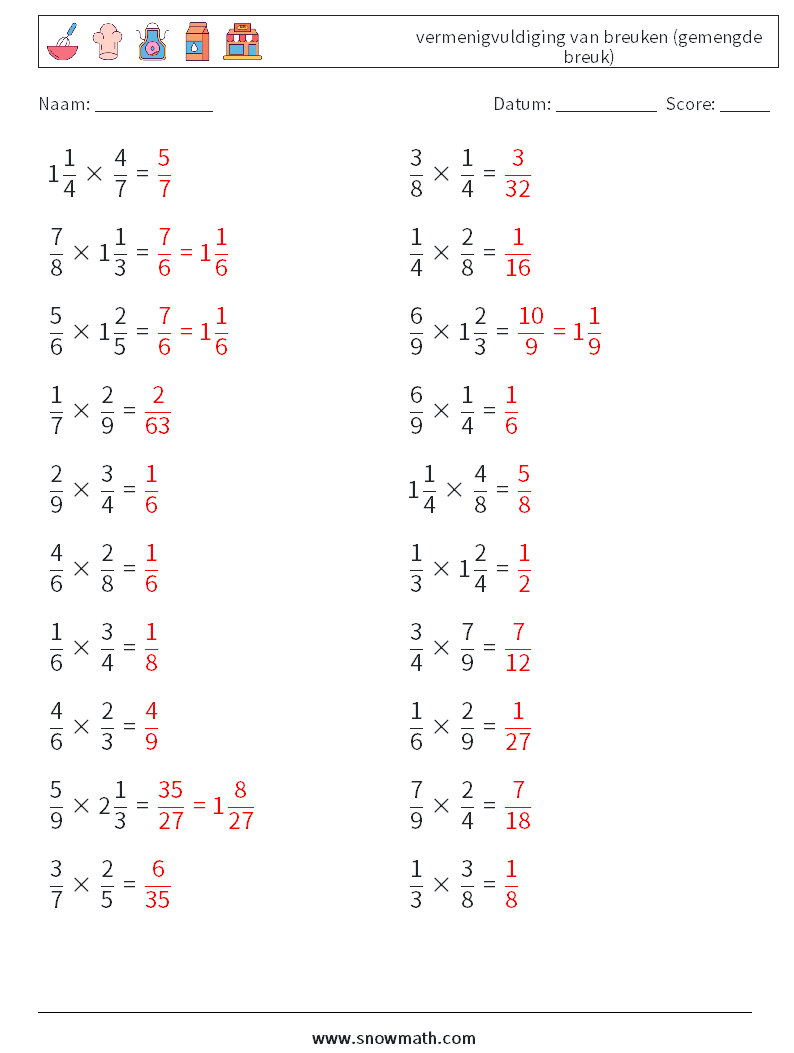 (20) vermenigvuldiging van breuken (gemengde breuk) Wiskundige werkbladen 8 Vraag, Antwoord