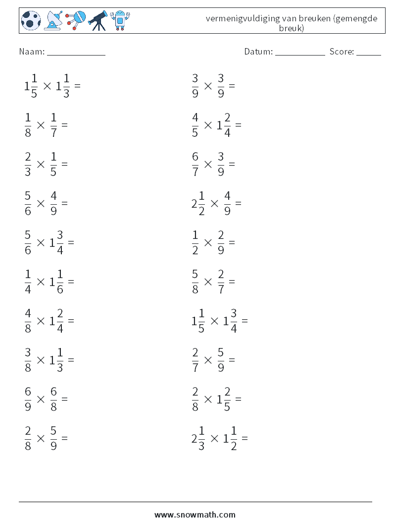 (20) vermenigvuldiging van breuken (gemengde breuk) Wiskundige werkbladen 9