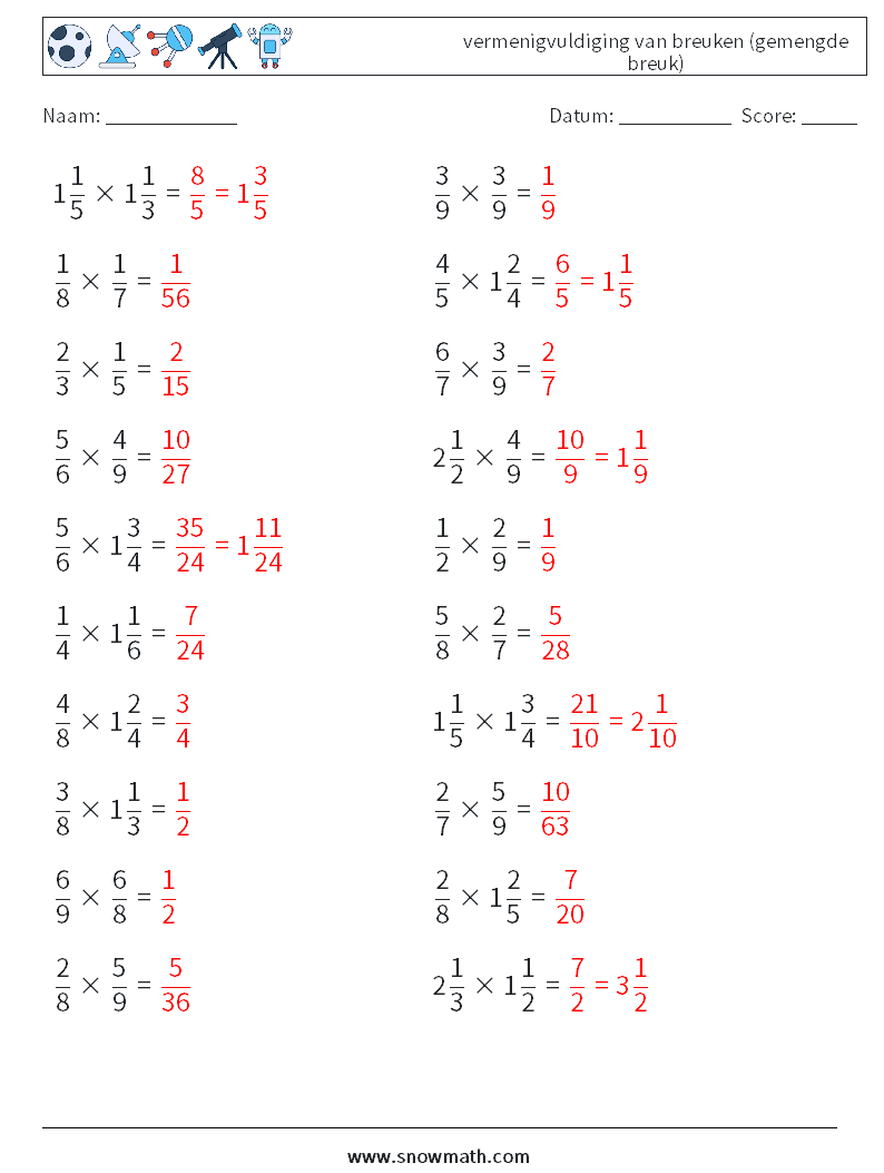 (20) vermenigvuldiging van breuken (gemengde breuk) Wiskundige werkbladen 9 Vraag, Antwoord
