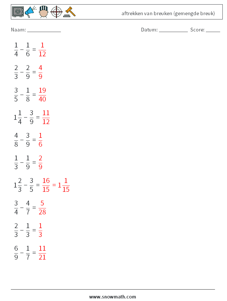 (10) aftrekken van breuken (gemengde breuk) Wiskundige werkbladen 11 Vraag, Antwoord