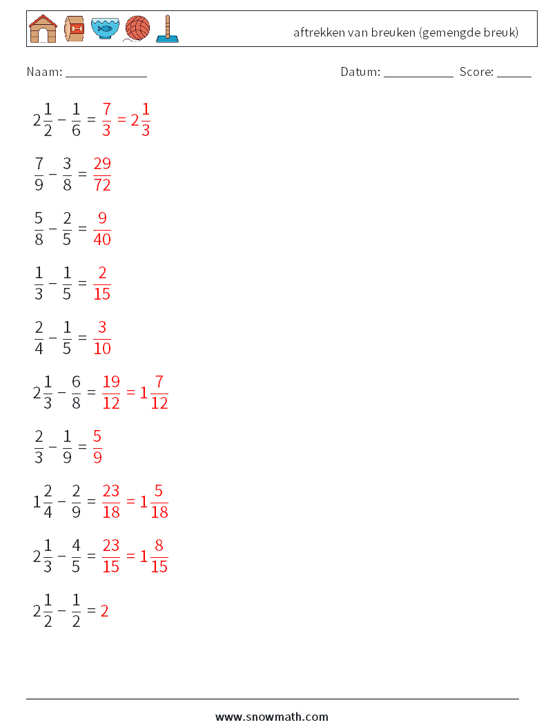 (10) aftrekken van breuken (gemengde breuk) Wiskundige werkbladen 13 Vraag, Antwoord