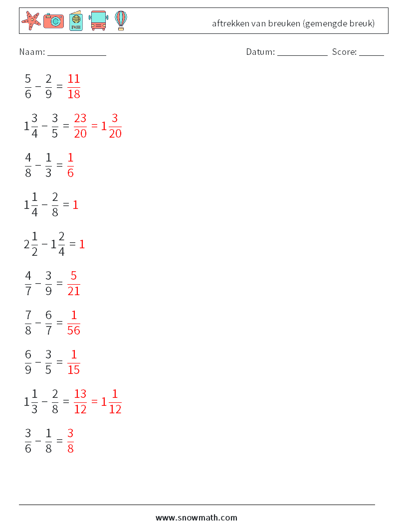 (10) aftrekken van breuken (gemengde breuk) Wiskundige werkbladen 16 Vraag, Antwoord