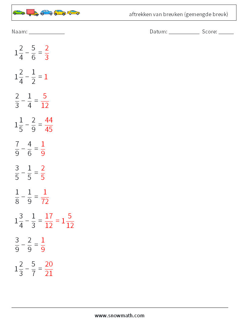 (10) aftrekken van breuken (gemengde breuk) Wiskundige werkbladen 18 Vraag, Antwoord