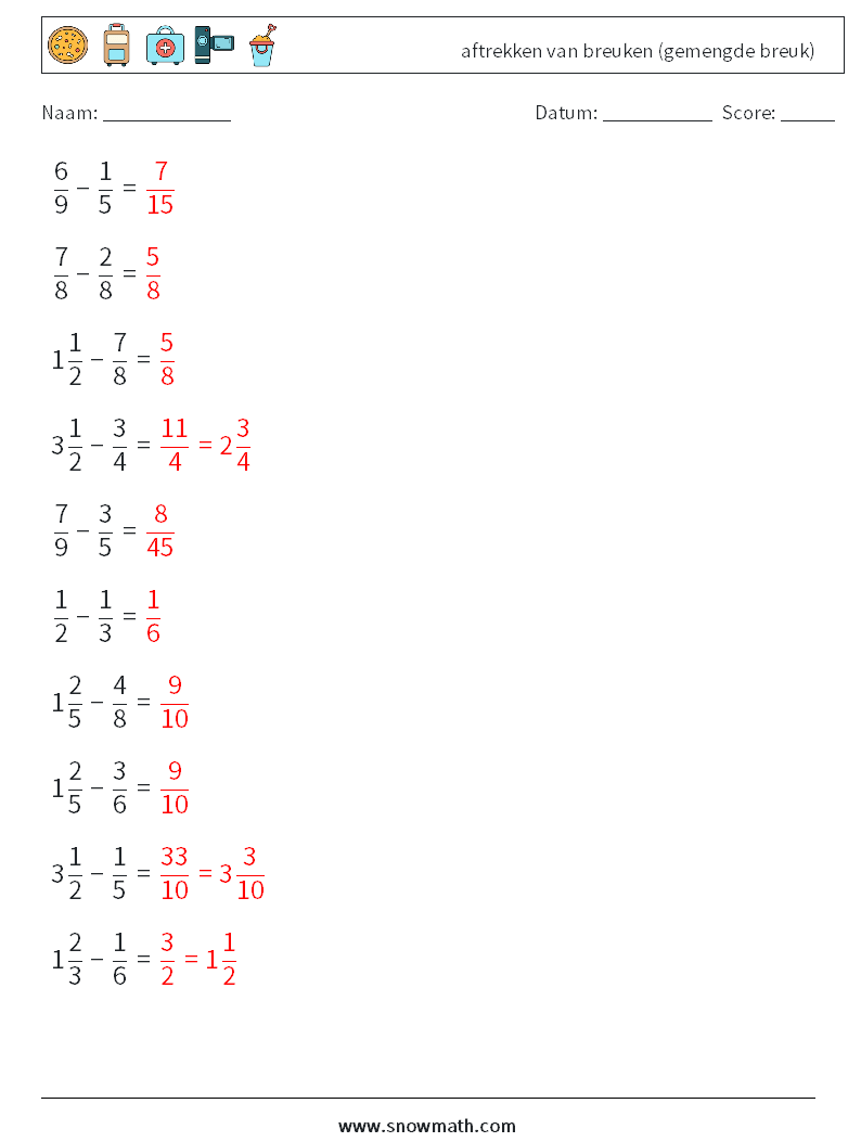 (10) aftrekken van breuken (gemengde breuk) Wiskundige werkbladen 1 Vraag, Antwoord