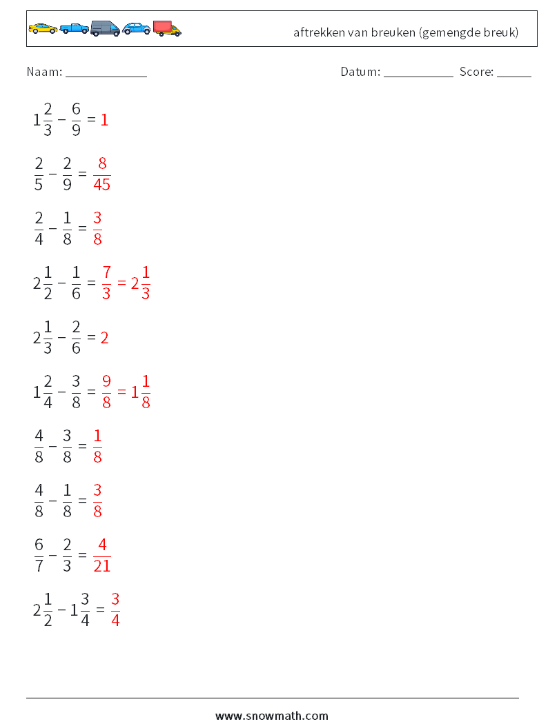 (10) aftrekken van breuken (gemengde breuk) Wiskundige werkbladen 3 Vraag, Antwoord