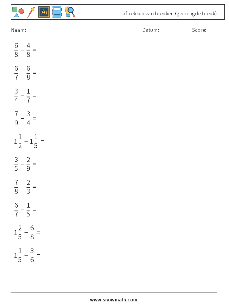 (10) aftrekken van breuken (gemengde breuk) Wiskundige werkbladen 4