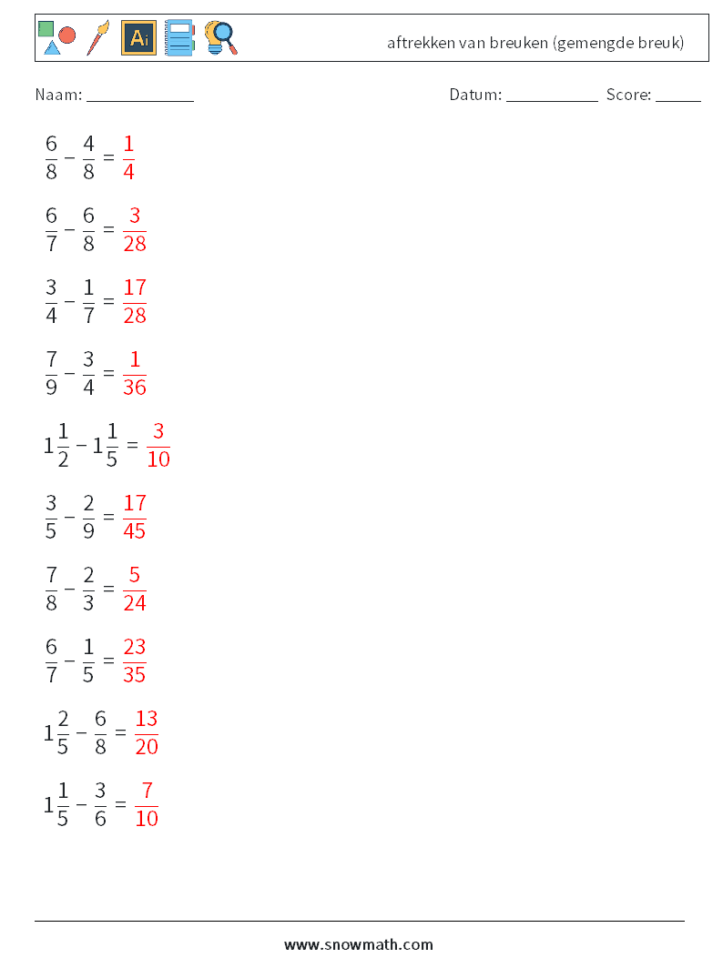 (10) aftrekken van breuken (gemengde breuk) Wiskundige werkbladen 4 Vraag, Antwoord