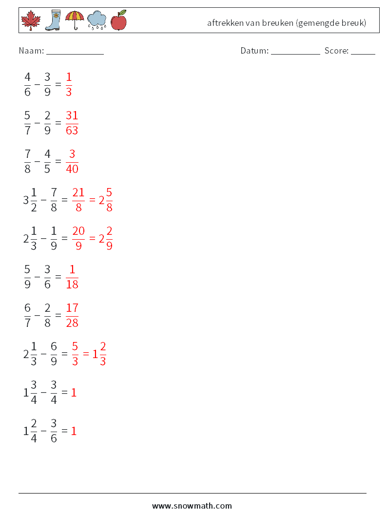 (10) aftrekken van breuken (gemengde breuk) Wiskundige werkbladen 6 Vraag, Antwoord