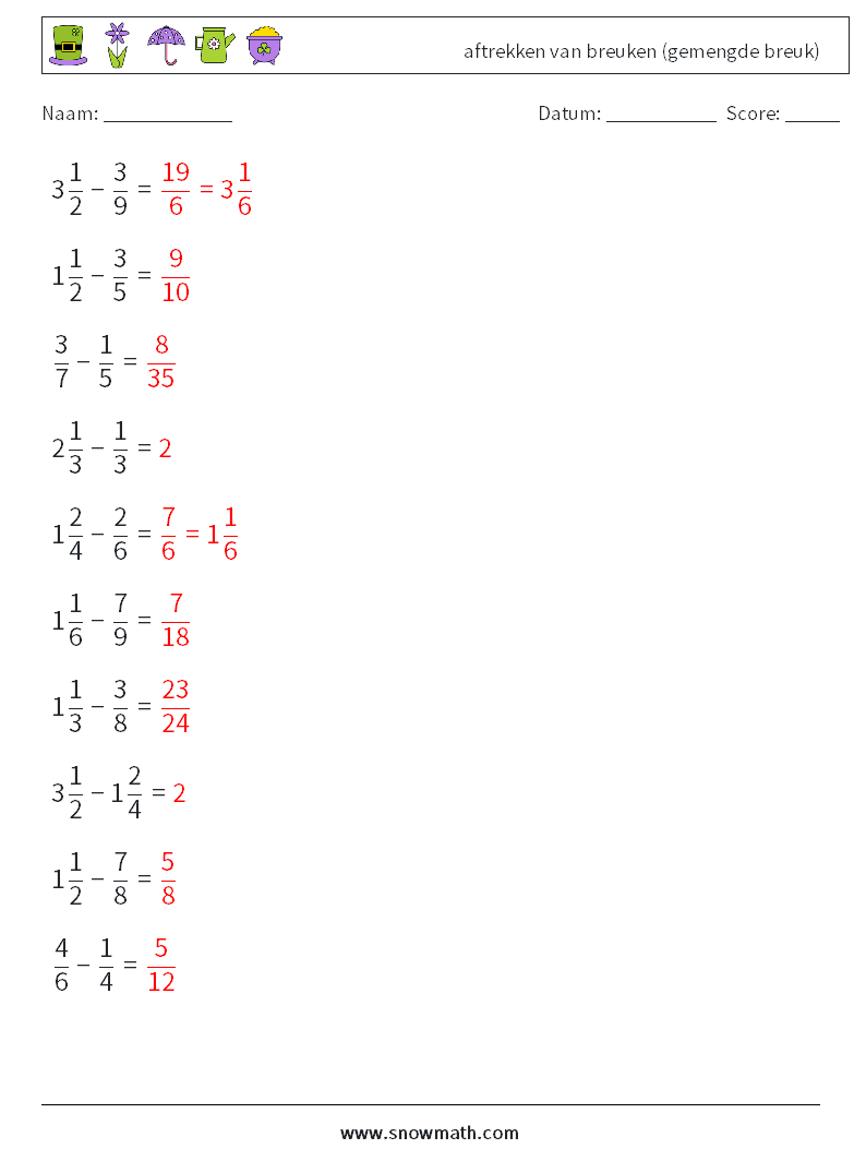 (10) aftrekken van breuken (gemengde breuk) Wiskundige werkbladen 7 Vraag, Antwoord
