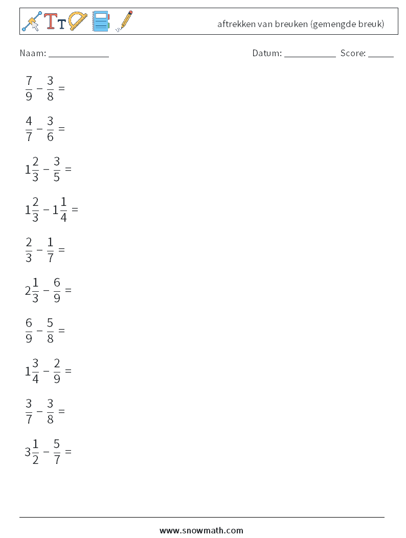 (10) aftrekken van breuken (gemengde breuk) Wiskundige werkbladen 8