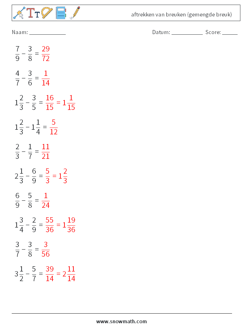 (10) aftrekken van breuken (gemengde breuk) Wiskundige werkbladen 8 Vraag, Antwoord