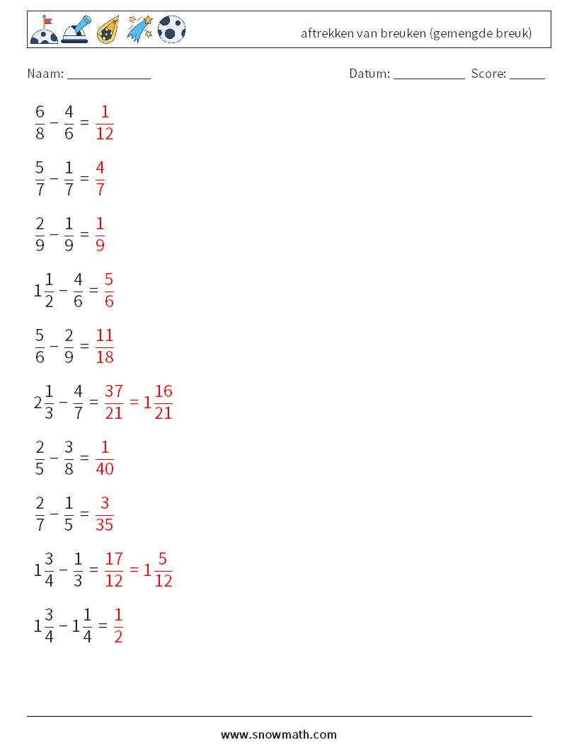 (10) aftrekken van breuken (gemengde breuk) Wiskundige werkbladen 9 Vraag, Antwoord