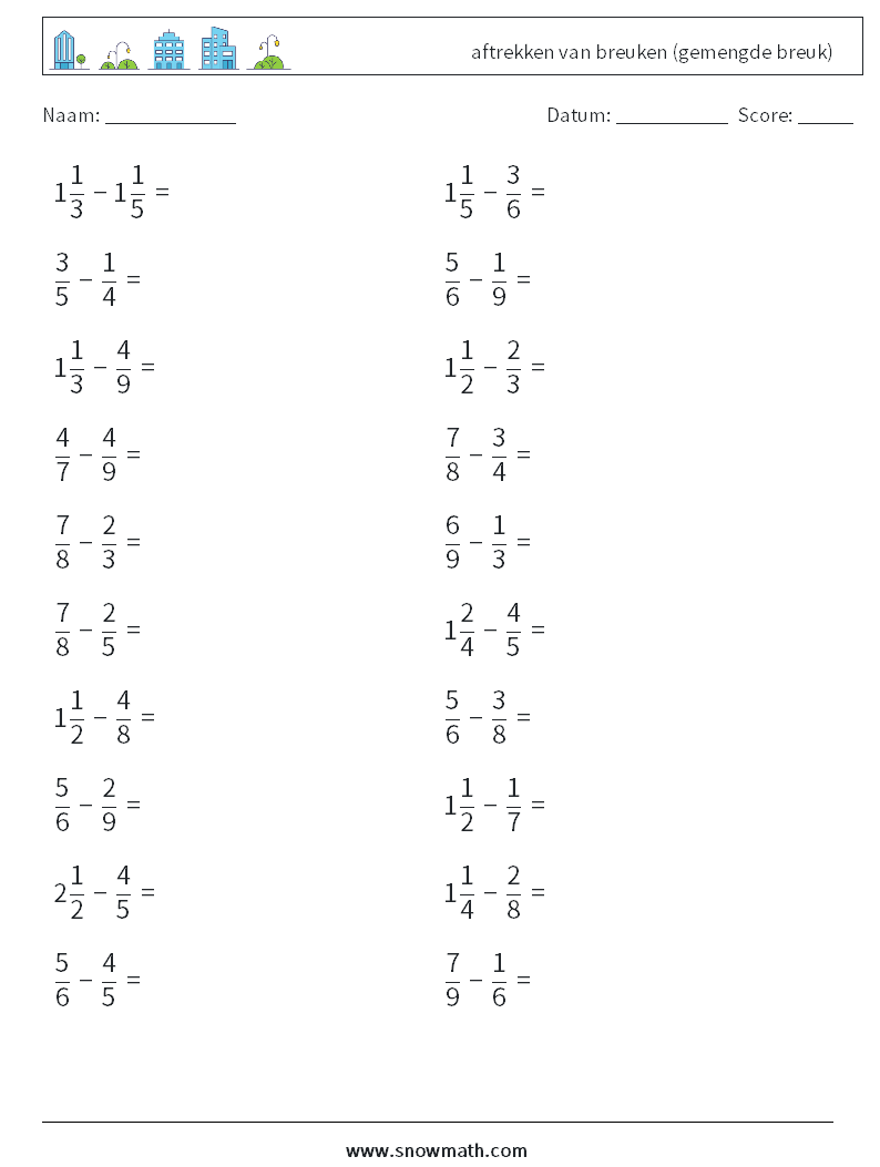 (20) aftrekken van breuken (gemengde breuk) Wiskundige werkbladen 10
