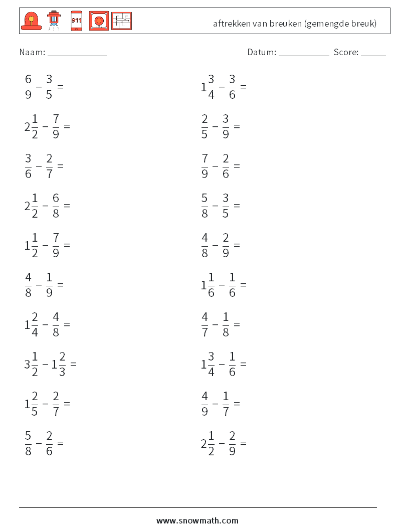 (20) aftrekken van breuken (gemengde breuk) Wiskundige werkbladen 11