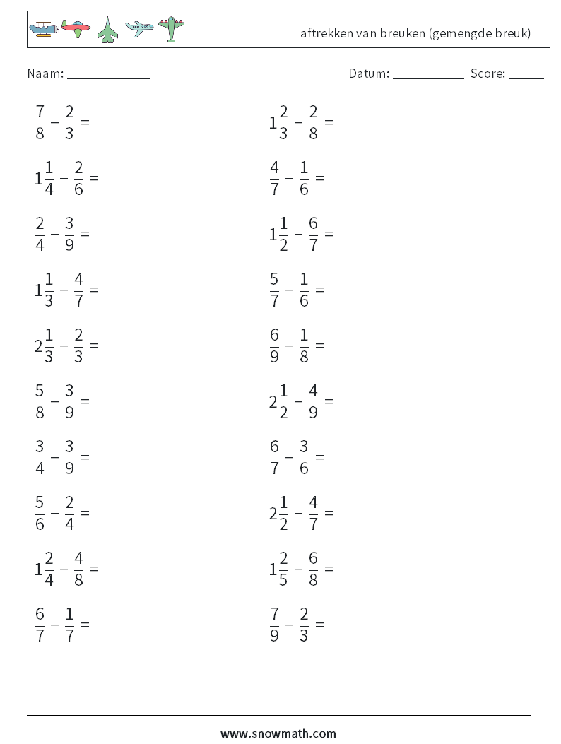 (20) aftrekken van breuken (gemengde breuk) Wiskundige werkbladen 12